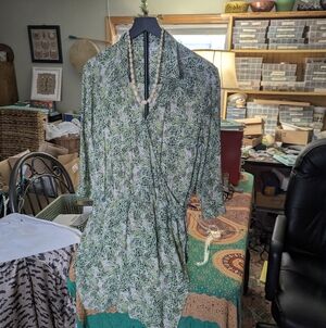 CAbi Green, Biege, White Rayon Dress Medium